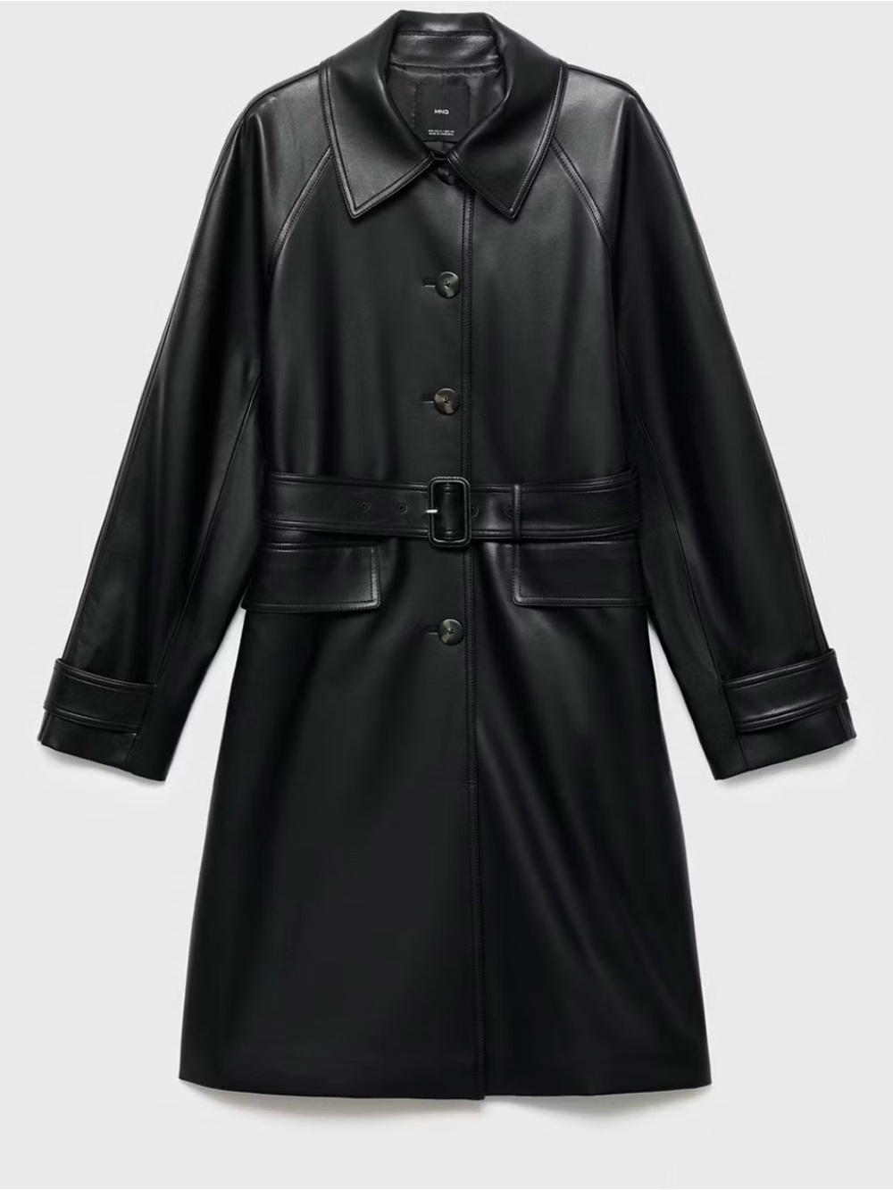 Mango Black Faux-Leather Belted Trench Coat